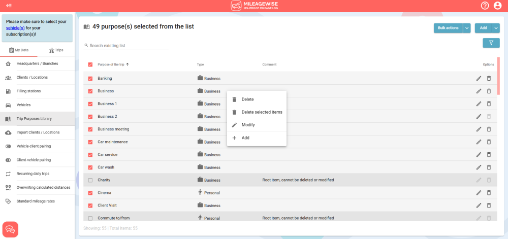 trip purposes bulk options