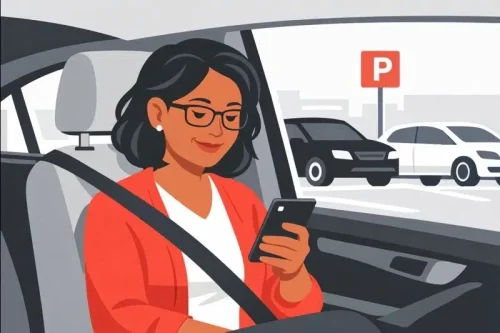 Middle aged woman opening her mileage tracker app