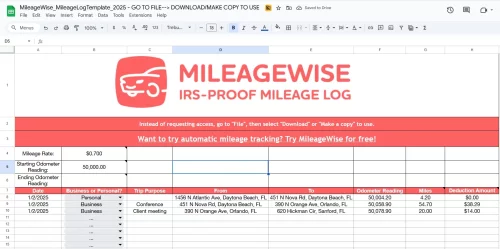 MileageWise offers a free mileage log template Excel