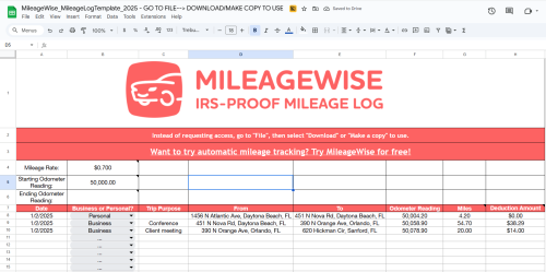 MileageWise offers a free mileage log template (Google Sheets)