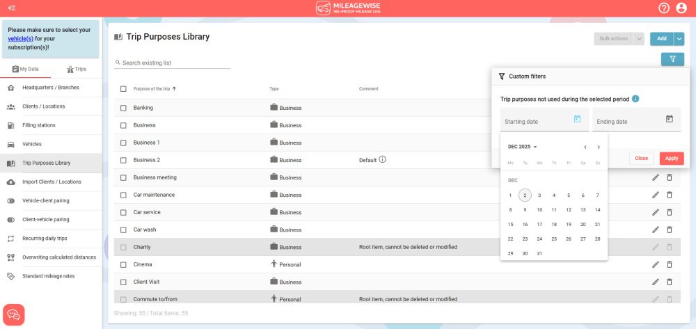 trip purposes filtering options
